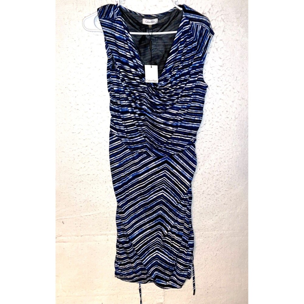 Calvin Klein NWT Blue White Striped Jersey Stretch Dress Sleeveless Women's L